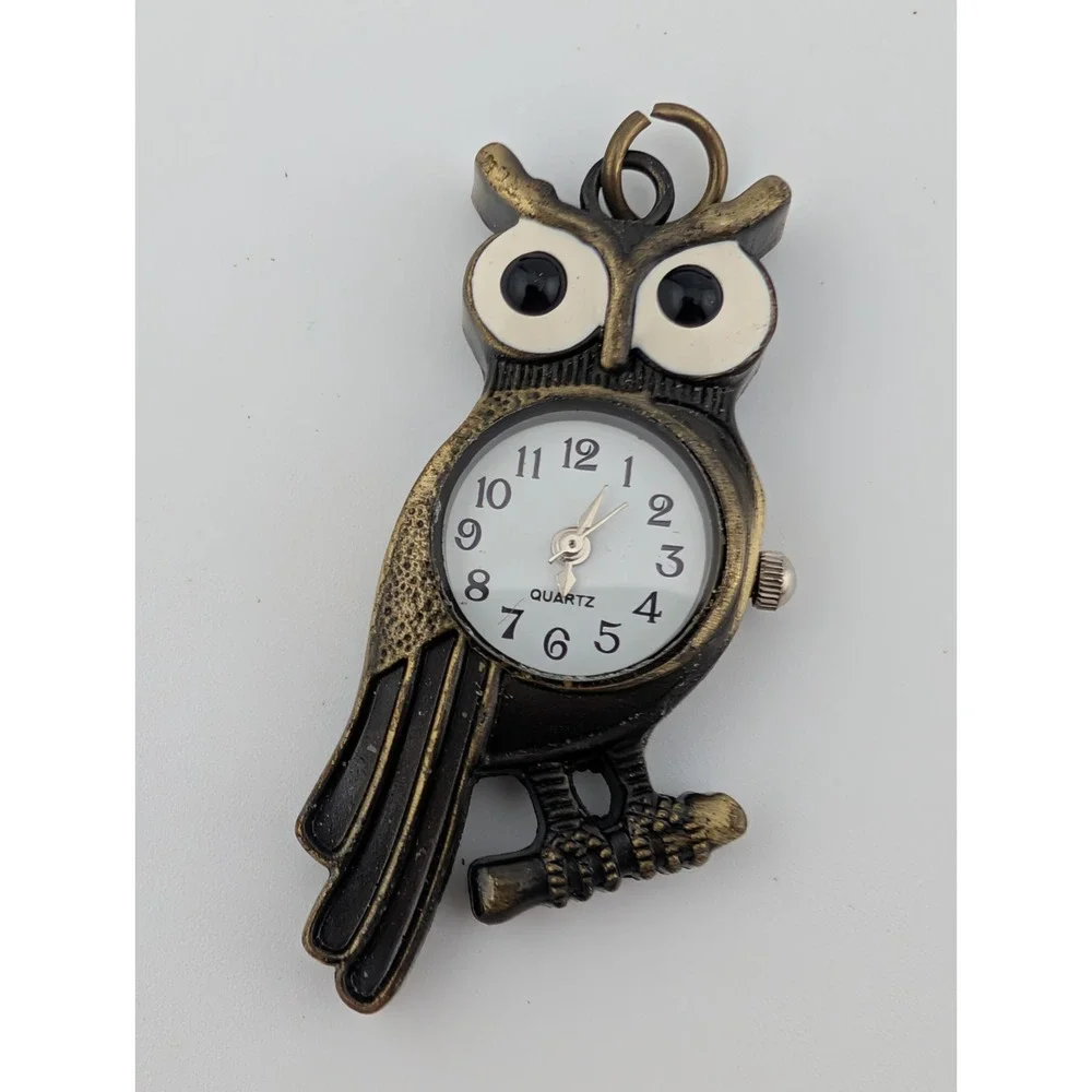 Owl Pendant Watch Antique Bronze White‎ Dial, No Chain- New Battery